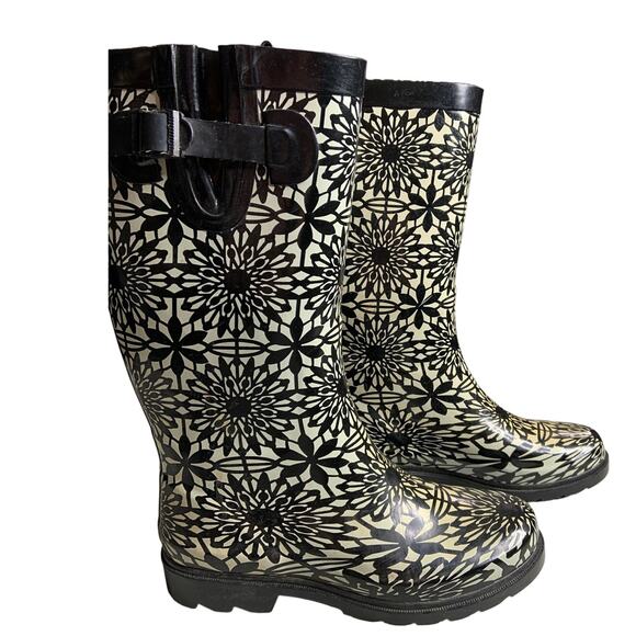 Capelli New York Women Sz 8 Tall Rain Boots Black White Floral Design Block Heel - Picture 1 of 12